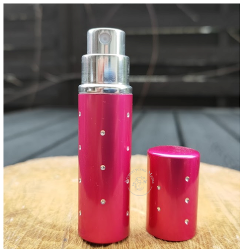 atomizer podróżny na perfumy, szklany pojemniczek w aluminiowej obudowie różowy z kryształkami, pojemność: 5ml.PNG