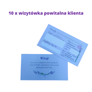 Wizytówki - 10 x  karteczka  pakiet powitalny klienta FIOLETOWE